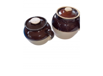 Two Ceramic Bean Pots W/Covers Made In USA