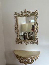 Vintage Carved Mirror And Wall Shelf With Two Toned Accent Paint