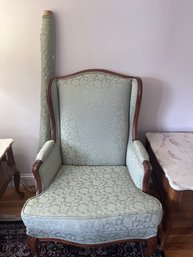 Vintage Wingback Arm Chair, Sage Color Original Fabric With Wood Accents