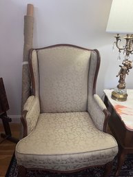Vintage Wingback Arm Chair, Cream Color Original Fabric With Wood Accents