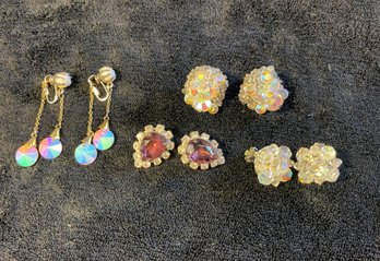 Vintage Lot Of Clip On Earrings Aurora Borealis/Purple Stone W/Rhinestone