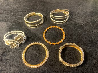 Vintage Lot Clamp Bracelet / Leather Wire Wrap Bangle /Faux Pink Pearl Bangle