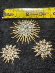 Vintage Lot Gorgeous Large Brass ? Rhinestone Pin Sunburst Pin /2 Smaller Sunburst Rhinestone Gold Tone