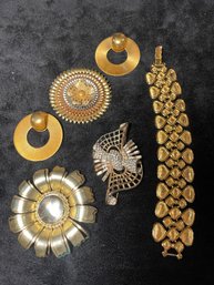 Lot Of Vintage Gold Tone Pins And Napier Bracelet