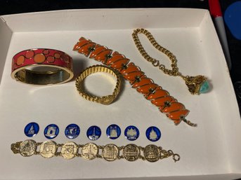 Great Vintage Lot Of Vintage Bracelets / France / Stretch Band Heart Locket  Enamel  Amber Tone Necklace
