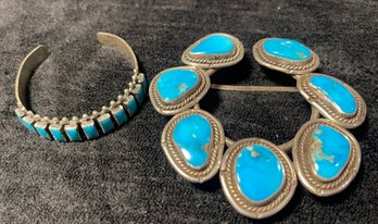 Southwestern Silver & Turquoise Belt Buckle  & Sterling Bracelet W Turquoise