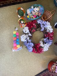 Misc. Decorations Including Wreaths And Small Floral Waste Bin