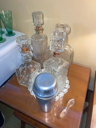 Set Of 4 Glass Decanters, Glasses, And Metal Beverage Shaker