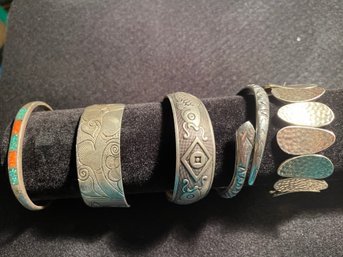 Fun #1 Lot Of Cuffed Bracelets / Coral Turquoise Coin Silver?/Snake