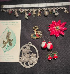 Christmas Lot/ Brighton Christmas Charm Bracelet/ 3 Blind MiceVintage Pin Hand-painted Santa Glass Holly