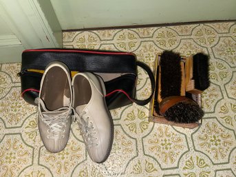 Vintage Brunswick Woman's Bowling Shoes And Polishing Brushes