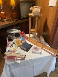 Vintage Lot And More - Wooden Yard Sticks And Rulers/Boston Pencil Sharpener/Transistor RadioPush Button Phon