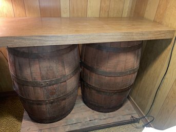 Vintage Barrel Bar On Wheels With Shelving