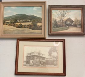 Set Of 2 Hand Colored Sawyer Pictures / Mt Monadnock At Cole Rook  Columbia Bridge / Vintage Photo