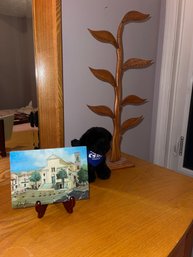 Top Of Dresser Items Painting Of Ravello Italy / Sm Plush Dog And Bunny / Wooden Earring Tree