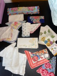 Lot If 18 Vintage Handkerchiefs And Adorable Victorian Cross Stitch Picture