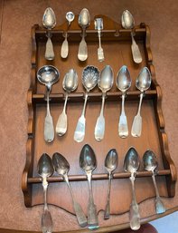 Lot Of Silver Spoons Some Coin /Some Possible Sterling / W Wooden Holder