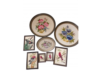 8 Piece Embroidery Lot Birds And Flowers