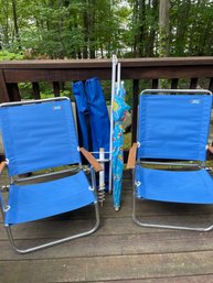 Pair Of Like New Beach Chairs/ Umbrella /Metal Umbrella Screw Anchor  Small Cloth Cooler