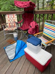 Lot Of 3 Chairs /One Low Beach Chair/ One Folding Wcover 1 Web Chair  ColemanSpaulding Coolers