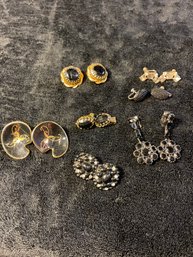 Vintage Lot Of Clip On Earrings Black Rhinestone /Gold Tone