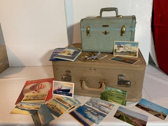 Vtg Travel And Airline Lot - Suitcase, Train Case, TWA, RAA, United, Postcards