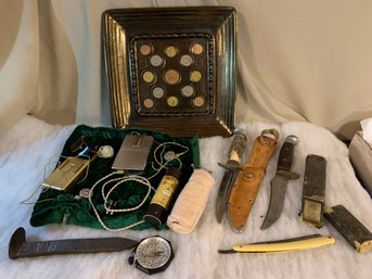 Vtg Lot - Straight Razor, Hunting Knives - Solingen 430 Stag Handle W/ Scaler, Hearing Aid Devices, More