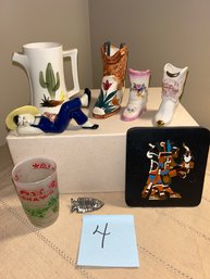 Southwest Cowboy Boots Ceramic Lot Mohawk Trail Glass Cactus Abril Plaque