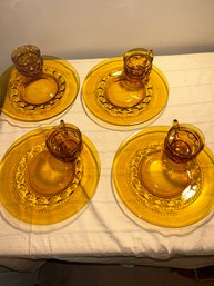 Indiana Amber Glass Kings Crown  Thumbprint 4 Plates & 4 Cups
