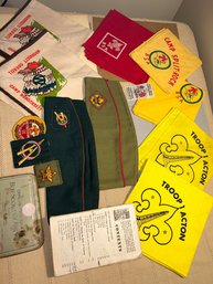 Boy Scout Assorted Lot First Aid Kit, Book, Caps, Patches, Necker