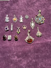 Lot #3 Sterling Silver Pendants With Amber/ Semi Precious Stones/ Marcasite