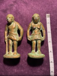 Pair Of Vintage Bronze Metal Cave Man And Cave Women