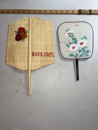 Lot 4 Straw And Silk Hand Painted Hand Fan Barbados