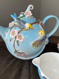Pier 1 Bird Teapot Set Creamer Sugar Flowers Birds