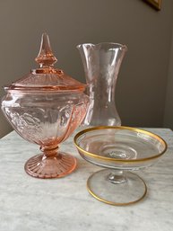Pink Glass Depression Vase Compote Glass Lot Cover Candy Dish