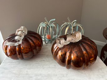 Glass Pumpkins  And Pumpkin Candleholder