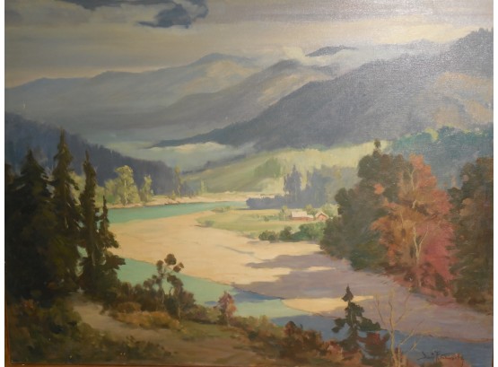 Davis Francis Schwartz (1879 - 1969) Large Original Oil Painting - Western Mt Valley River Landscape - CA