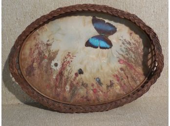 Vintage Wicker & Glass Top Tray With Blue Butterflys