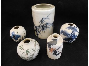 Lot Of 5 Small Studio Pottery Vases - Vermont Raku Artist - Asian Motif
