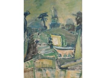 1957 Modernist Abstract Original Oil Painting - Jerusalem ? - Artist Signed In Hebrew Judaica
