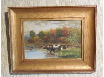Fine Antique Original Gouache Painting Of Cows By Stream By J Wright
