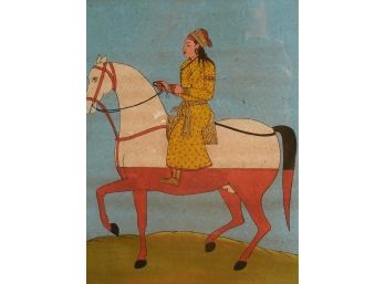 Early 20th Century Original Reverse Painting On Glass - Indian - Figure On Horseback - Bombay Calcutta Label