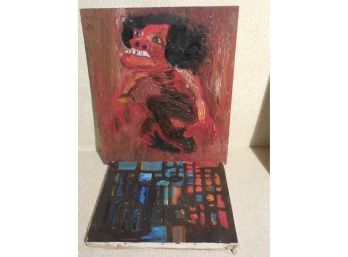Lot Of 2 Mid Century Japanese School Modernist Original Oil Paintings - Crazy Figure & Abstract