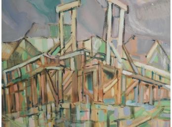 Joseph Pulitano (20th Century) Original Mixed Media Painting Abstract Harbor Wooden Bridge