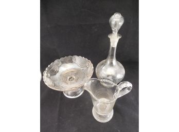 Lot Of 3 Pieces Of 19th Century Glass - Lion EAPG Creamer - Flint Glass Bowl, Etched Decanter