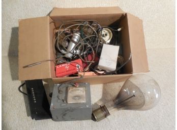 Misc Lot Of Vacuum Tubes, Electronic Items And A Large Old Light Bulb