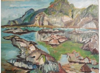 Hagiwara Mid Century Japanese School Modernist Original Oil Painting - Rocky Coastal Seascape