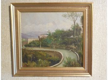 Early 20th Century Oil Painting /wood - Italian Landscape W/ Figures On A Road