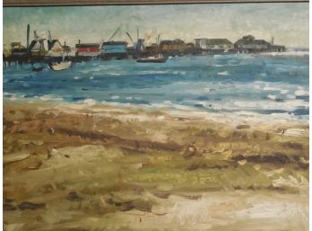 Mid 20th Century Original Oil Painting - Beach Scene Seascape Fishing Pier - Illeg Signed