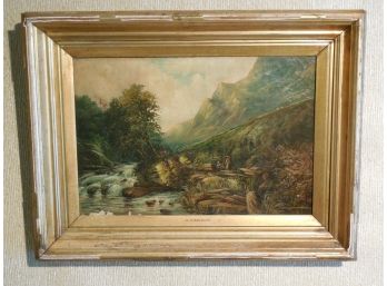19th Century Original Oil Painting Landscape W/ Fisherman By H Dawson
